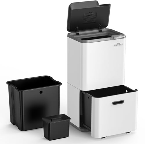 mVm Kitchen Bin,63L Triple Rubbish Bin,3 Compartment Stainless Steel Press Bin,Recycling Bin with Soft-Close Lids and Plastic Inner Buckets,Fingerprint Proof,Odour Seal,Large Capacity Trash Can