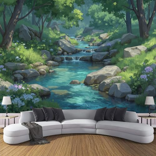 DLERFLOVR Carta da Parati in Seta, 250x175cm Fotomurali Stile Anime Decorativo Sfondo Ruscello Della Foresta Carta da Parete Decorazione da Parete per Soggiorno Camera Ristorante, Verde Smeraldo