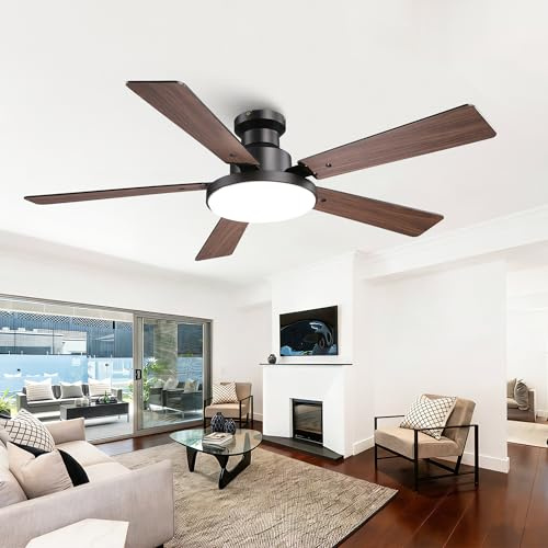 Vaczon 52 Inch Low Profile Black Ceiling Fan with Lights, 12.2'' Large 3CCT LED Light Panel, APP & Remote, 6-Speed Quiet Reversible DC Motor, Modern Flush Mount Ceiling Fan for Bedroom Living Room