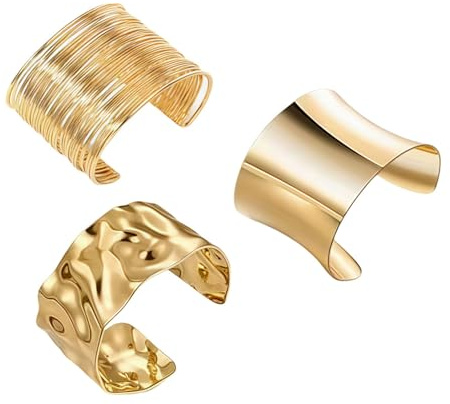 BULULUSHOP Pulsera Ancha Mujer Dorada Ajustable, 3pc Conjunto De Dorada-pulsera Brazalete Grueso Martillado Pulseras Doradas De Moda Minimalista Pulsera-ancha De Oro Adecuado Para Regalo De Fiesta
