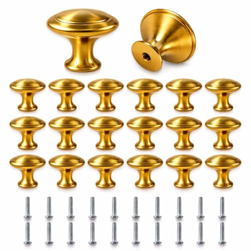 20PCS Cabinet Door Knobs, Gold Drawer Knob, 30mm Vintage Cabinet Knobs Round Solid Knobs, Antique Brass Drawer Knobs with Matching Screws, Gold Drawer Handles for Cupboard, Cabinet, and Furniture