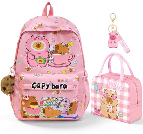 CYGMRFH Capybara Backpack for Children, Pink Insulated Capybara Lunch Bag with Cute Keychain, Cartoon Animal Print School Bag, for Kids Teens Travel Work Picnic Office