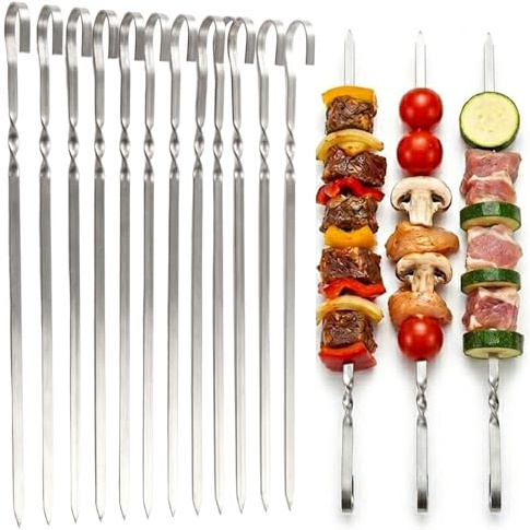 Lot de 15 Pics à Brochette en Acier Inoxydable 30cm, Pique Brochette Plat Réutilisable pour Barbecue, Viande, Kebab et Légumes, Accessoires Barbecue Inox