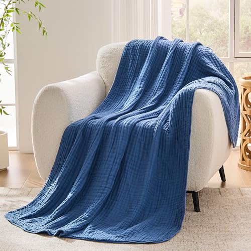 VANJOROY Musselin Tagesdecke 200x230cm-100% Baumwolle 6-Lagen Oeko-Tex Zertifizierte, Weiche Leichte Sommerdecke als Kuscheldecke, Bett-Überwurf, Baumwolldecke für Sofa und Bett. Blau
