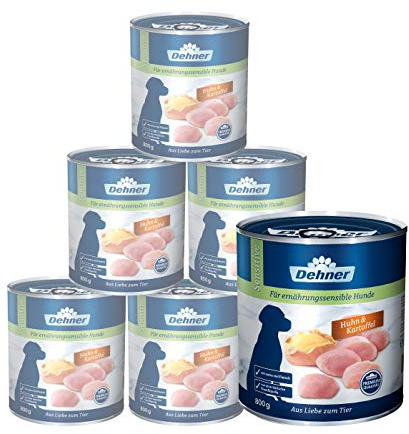 Dehner Cibo per Cani di Alta qualità, sensibile, Senza Zucchero/Senza Cereali, per Cani Adulti sensibili alla nutrizione, Pollo/Patata, Barattolo da 6 x 800 g (4,8 kg)