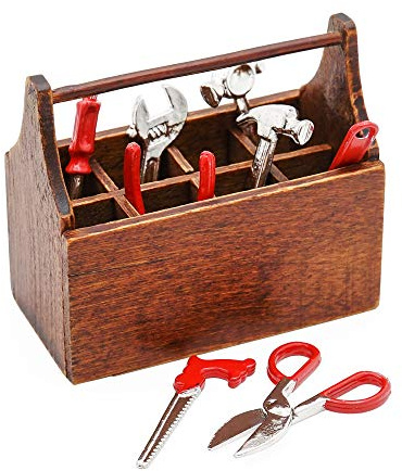 Odoria 1/12 Miniatur Werkzeugkasten Werkzeugkiste Holz mit Werkzeug 8 Stück Puppenhaus Zubehör