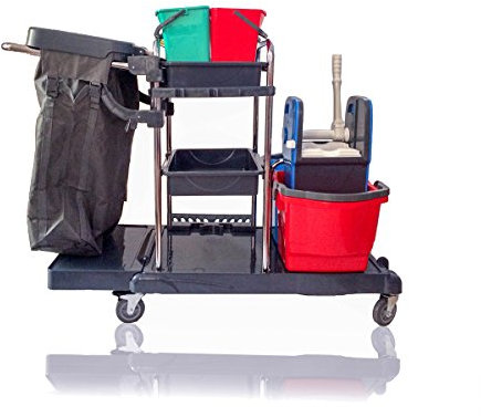 Mr. Mop carrello pulizie lavapavimenti carrello-4cuscinetti a sfera ruote orientabili,4x6 lt secchio,2x24 lt Spremi scopa a frange,2 ripiani portaoggetti,1 ripiano e supporto sacco spazzatura incl.