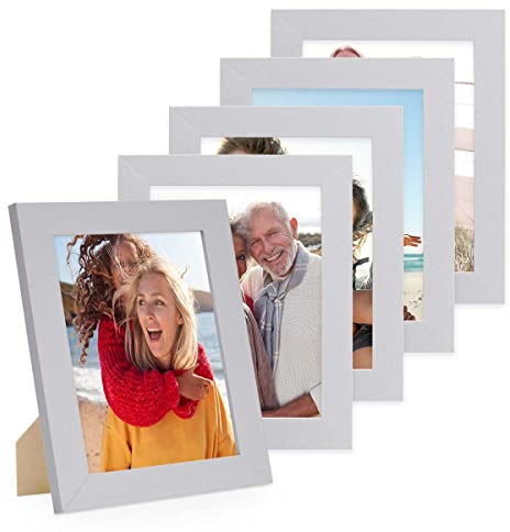 PHOTOLINI Bilderrahmen 15x20 Holz MDF Silber, 5er Set breite Bilderrahmen 20x15 Silber, Picture Frame mit Acrylglas 15 x 20 cm zum Aufhängen & Aufstellen, Rahmen 15x20 mit Zubehör