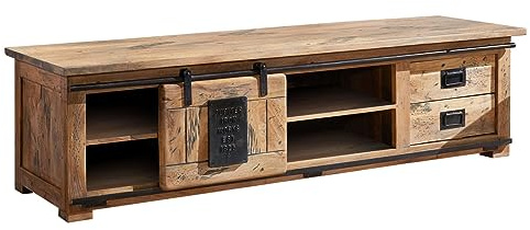MASSIVMOEBEL24.DE TV-Board Mango Natur lackiert Railway #145 | 180 cm (BxTxH) 60 kg Industrial montiert vollmassiv