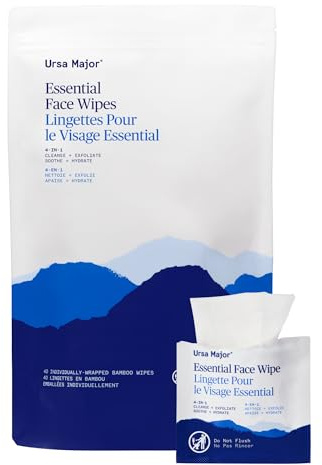Ursa Major Salviette essenziali per il viso, naturali, biodegradabili, cruelty-free, puliscono, esfoliano, leniscono e idratano, confezionate singolarmente, 40 pezzi