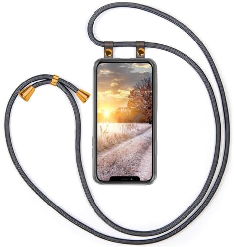 moex Handykette für iPhone XR Hülle mit Band abnehmbar, Handyhülle mit Kette zum Umhängen, Handyband 155 cm lang Stoff Kordel Umhängehülle, Handy Umhängeband, Anthrazit