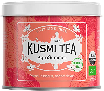 Kusmi Tea - AquaSummer - Infusion Bio - Mélange d'Hibiscus et de Fruit Saveur Pêche et Abricot - À Déguster Chaud ou en Thé Glacé - Infusion sans Théine - Boîte Thé Métal 100g pour environ 50 Tasses