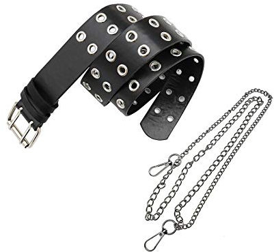 OTOTEC Punk Gürtel Doppelte Nieten Ösen PU Leder Taille Gürtel mit Abnehmbaren Metall 2-Schicht-Kette Schwarz für Frauen Männer