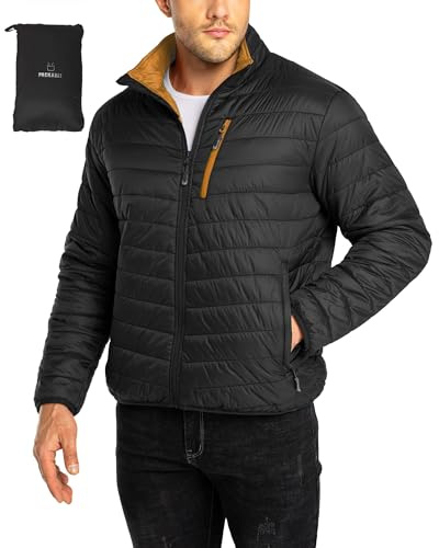 33,000ft Herren Steppjacke Packbare Übergangsjacke in Daunenjacken-Optik für Männer Gefütterte Pufferjacke Wasserabweisende Outdoorjacke mit Taschen für Herbst Frühlings Winter, Schwarz L