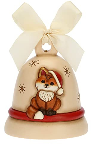 THUN - Campanella Special Edition 2021 con Volpe Grace - Ceramica e Nastro d'organza - Linea Natale - Living, Arredare la Casa - Ø 10,7 cm; 12 cm h; Nastro Beige 50 cm