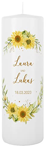 Herz & Heim® Hochzeitskerze mit sommerlichen Motiven oder Sprüchen, mit Wunschnamen und -datum Sonnenblumen