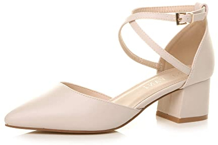 AJVANI Womens Ladies mid Block Heel Pointed Toe Cross Strap Two Part Mary Jane Court Shoes Sandals Size