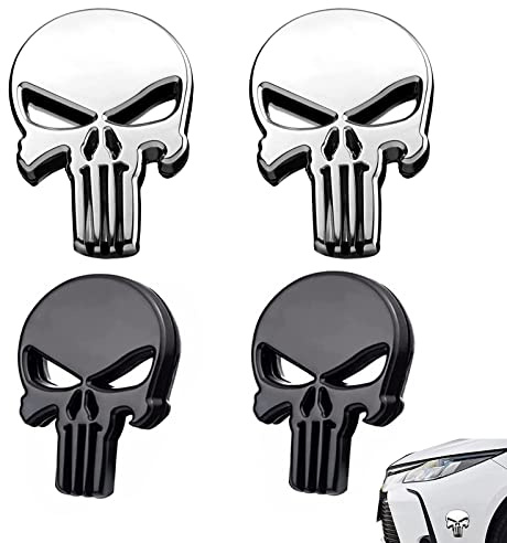 4 Stück Autoaufkleber Punisher Skull, Totenkopf Auto Sticker, 3D Metall Aufkleber Silber für Motorrad, Fahrrad, Auto Styling DIY Dekoration Zubehör (Schwarz, Weiß)