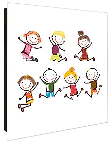 banjado Großer Schlüsselkasten Glas - Schlüsselbox 30x30cm mit 50 Haken - Schlüsselkasten modern für Schlüsselaufbewahrung mit beschreibbarer, magnetischer Glastür - Motiv Happy Kids