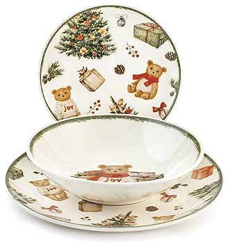 H&H Teddy Bear Servizio Tavola, 18 Piatti, in Stoneware, Natale, Festività