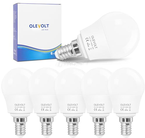 OLEVOLT Birne E14 LED Kaltweiß 6000K, 5W E14 LED Dimmbar 550 Lumen Entspricht 40W Halogen, LED Lampe Leuchtmittel P45 Kleines Sockel E14 Glühbirne Kaltweiss, 6 Stück