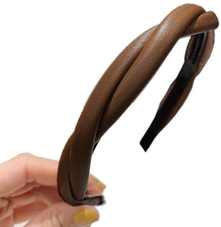 1 Stück Leder-Stirnband,Zweisträngiges Geflochtenes Stirnband für Damen | Rutschfestes Elastisches Haarreifen,Stirnbänder mit Zähnen Dünne,Haarreif Haarschmuck für Damen,Kaffeefarbe