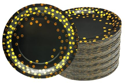 CEILIWEN Goldene Pappteller - Schwarze und Goldene Partyteller, 100er Pack, 7''/18cm Schwarze Partyteller Mit Folienpunkten, Partydekoration