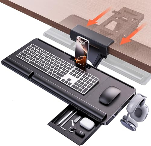 Upgraded Ergonomic Keyboard Tray Under Desk - Klearlook Adjustable Sliding Keyboard Platform Holder, Keyboard Stand Pull Out w/Wrist Rest & Storage Drawer for Home, Office and Gaming, 24.4x10,Black