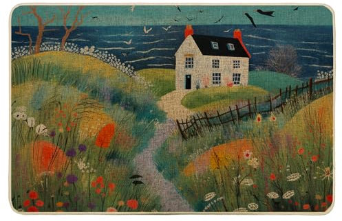 Frühlings-Fußmatte, Cartoon-Bauernhaus, Landhausstil, Landhaus, Blumengras, Vogel, blau und grün, Gummi, saugfähig, rutschfest, waschbar, Haustür, Innen- und Außenbereich, Küche, Camping, 43,2 x 73,2