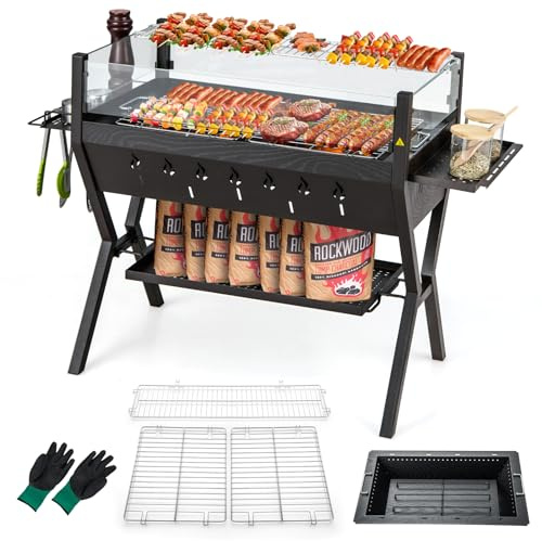 TANGZON 304 Stainless Steel Charcoal Grills, Barbecue Charcoal Grills with Unique Glass Wind Guard, Seasoning Racks & Storage Shelf, Cooking Grills, Outdoor BBQ Grill Set for Camping Picnic Hiking