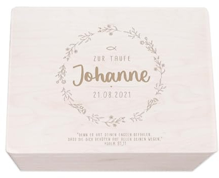 hellomini Taufgeschenke - Personalisierte Erinnerungsbox Taufe aus Holz - Taufgeschenke für Mädchen - Taufgeschenke Jungen - Taufe Geschenk (Blumenkranz Gravur, S: 30x20x14cm)