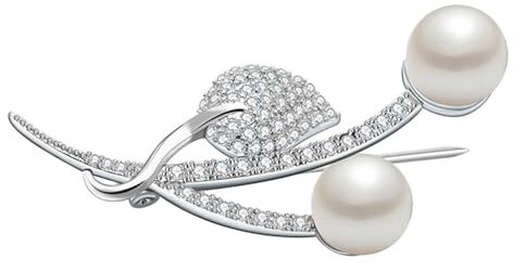 Onefeart Weißgold plattiert Broschen Für Frauen Mädchen Runden Perle Blätter und Blumen 47X21MM Weiß Gold