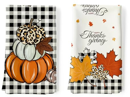 Arquiel 2 Pcs Autumn Thanksgiving Kitchen Towel 100% Cotton Pumpkin Absorbent Dish Towel 70 x 48 cm Housewarming Maple Leaves Decorative Hand Towels for Dining Home