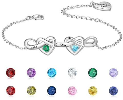Wamantic Personalisierte Armband Silber Damen Gravur Name Herz Armkette Schmuck mit Geburtsstein Geschenk für Frauen Mutter Tochter Freundin Mama Weihnachten Muttertag