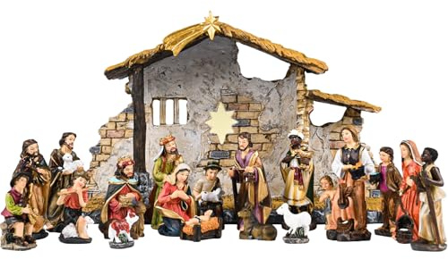 TLY Nativity Sets for Christmas Nativity Sets & Figures, Resin Nativity Scene Stable and 20 Pcs Christmas Nativity Set Figurine Holy Family Xmas Decoration Tabletop Decor Set
