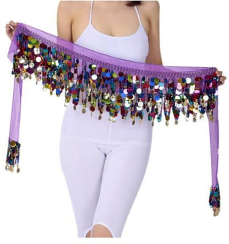 SHBHWS Bauchtanz GüRtel Bunter Bauchtanz-Hüftschal mit glitzernden Münzen, Dreieck-Wickelgürtel, glitzernder Rock for Damen, Accessoire mit Quaste, Pailletten, Kostüm Bauchtanz-HüFtschal(Purple)