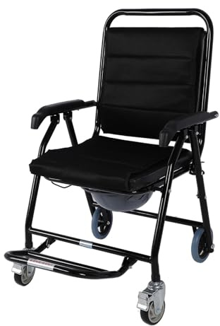 Sedia Toilette con Rotelle, Sedia Toilette per Anziani con Cuscino Addensato con Ruote Sedia a Rotelle Toilette Portatile Pieghevole per Anziani Domestici