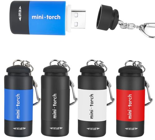 smtfcty Mini LED Taschenlampe Kinder,4 Stück USB Aufladung Schlüsselanhänger Taschenlampe farbige Wasserdicht Tragbarer Taschenlampe für Schule, Outdoor, Camping, Jagen, Dringend [Energieklasse A]