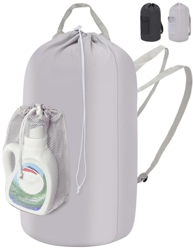 IHOMAGIC 95L Großer Wäschesack Reise, Faltbarer Wäschekorb mit Tasche und Schultergurt, Strapazierfähiger Reiserucksack aus Nylon, Staub Wäschepuff, Hängender Wäschekorb für Schlafsaal, Camping, Grau