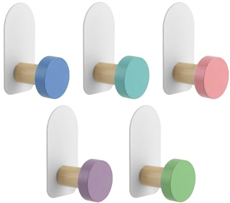 HAYOMAX 5Pcs Self-Adhesive Kids Coat Hooks, Colorful Wooden Sticky Clothes Hook, Wall Mounted Children's Coat Hooks for Towel, Clothes,Backpacks and Hats