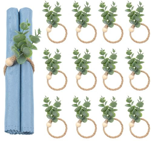 Napkin Rings Set of 12, Easter Napkin Rings, Boho Eucalyptus Leaf Napkins Holder for Table, Wood Bead Farmhouse Fall Rustic Napkins Ring Holder for Weddings, Dining, Party, Christmas Table Decor
