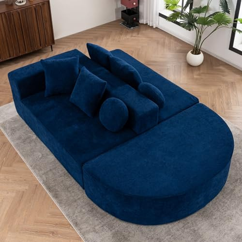 KOMHTOM Divano letto moderno a 5 posti in ciniglia con 6 cuscini, divano componibile multifunzionale a U, comodo divano ad angolo per soggiorno e ufficio (blu)
