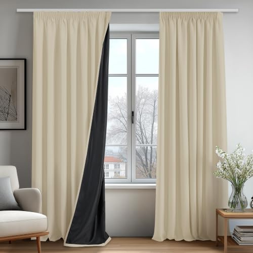 Deconovo 100% Verdunklungsvorhänge Blickdicht Vorhänge mit kräuselband Gardinen Wohnzimmer Vorhang Verdunkelung Thermovorhänge gegen Hitze Wärmeisolierend, H200 x B140 cm, Hellbeige, 2er Set