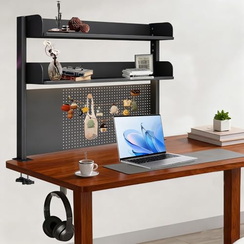 YUZINO Organizador de estante de escritorio con abrazadera, extensor de escritorio ajustable con tablero de clavijas de metal, estante multiusos para escritorios de computadora, accesorios para