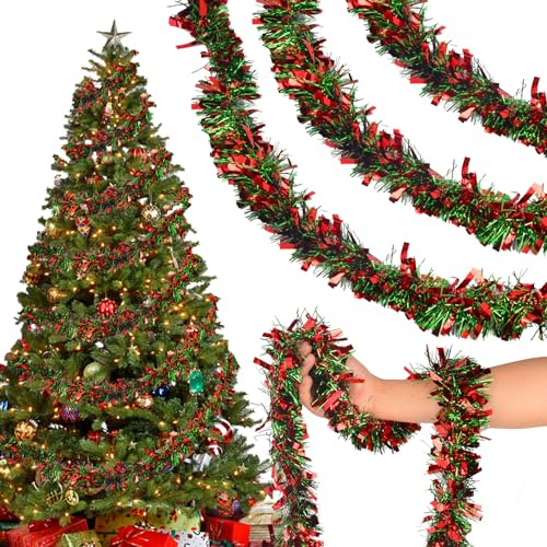 AWCIGG 10PCS Weihnachtsgirlanden Girlande Deko Weihnachten Outdoor Innen Weihnachts Girlande Lametta Grün Rot Christmas Garland Tinsel Fenster Weihnachtsbaum Garland Draußen 20M