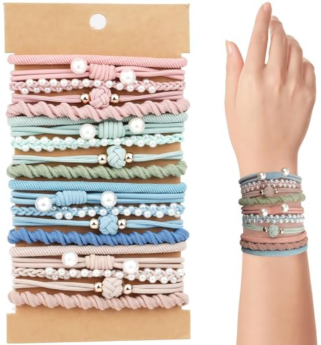 20 stycken boho hårsnoddar dam, flätat flätat gummi med pärlor, söt hästsvans hållare för kvinnor flickor tjockt tunt hår boho hårband