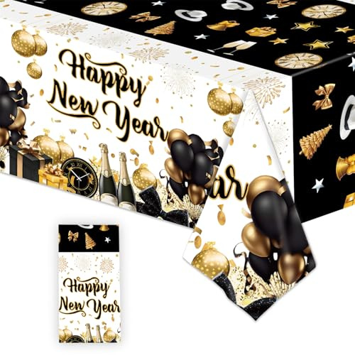 Tischdecke Silvester Deko 2026,137 * 274cm,2026 New Year Eve Schwarz Gold Tischdecken,Tisch Dekoration Plastik Sekt,Geeignet für Deko Silvester Party 2026 Silvester Party