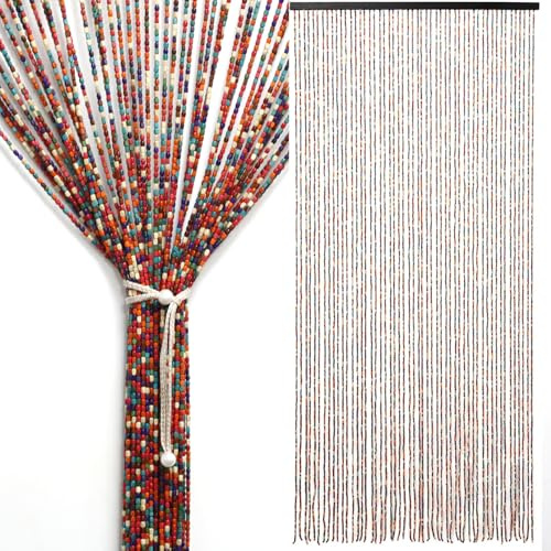 ANEELV Tenda fatta a mano per porte di balcone e finestre, 52 fili di perline di legno, stile bohémien, colore arcobaleno, adatta per finestre, camere, corridoi o pareti divisorie, 90 x 190 cm
