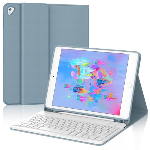 JADEMALL Coque Clavier pour iPad 9.7 6eme Generation 2018/5eme Generation 2017, iPad Air 2/1 2014/2013, AZERTY Français Clavier Bluetooth avec Fente pour Stylo, Bleu