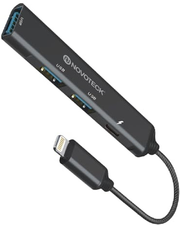 NOVOTECK Hub Light-Ning 4 Puertos (Tipo-C+3 USB 3.0) 10Gbps, Adaptador OTG con Cable Trenzado y Diseño Metálico,MultiPuertos Compatible con MacBook Pro/Air, iMac, iPhone, iPad, iPod